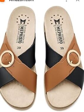 Mephisto Women's Hirina Flat Sandal, Tan/Black, size EU42/11.5 NWOT DISPLAY